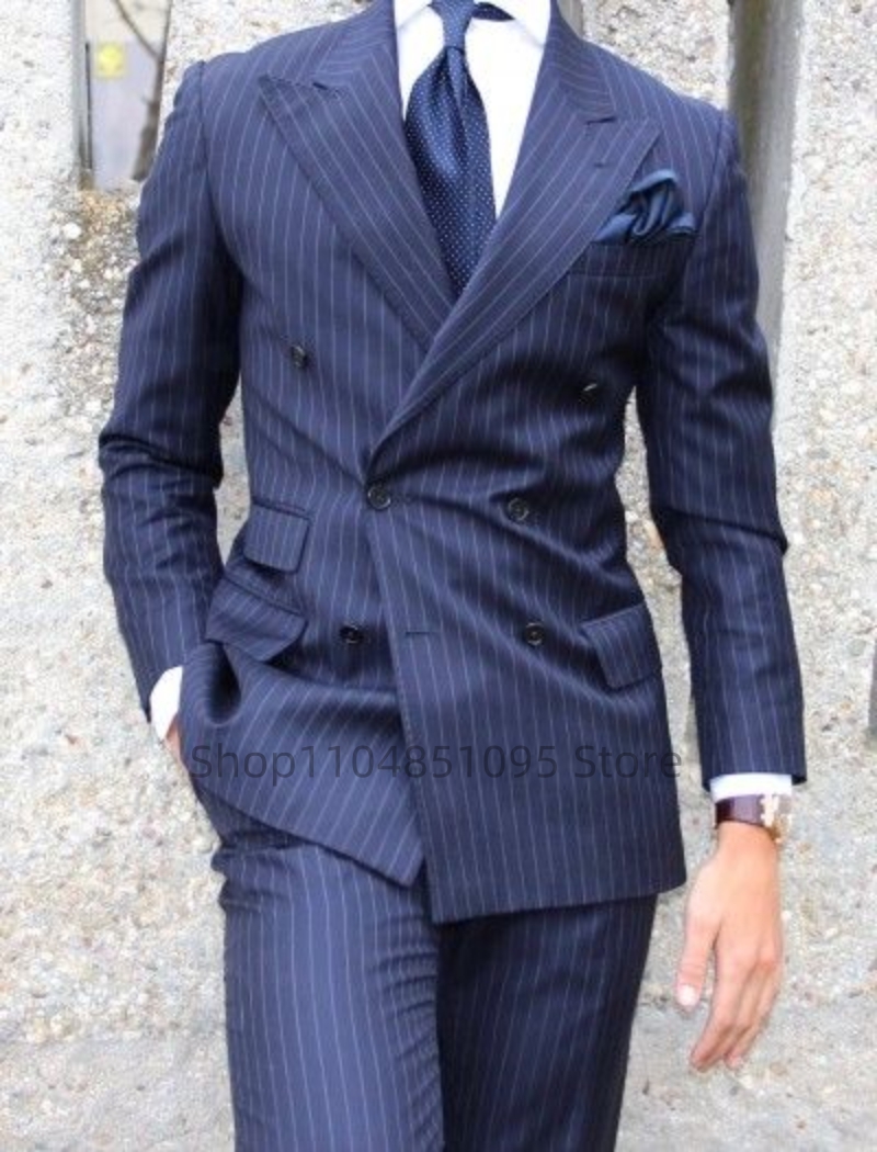 Men'S Grooming Daily - Marineblau gestreifte Herrenanzüge, Slim Fit, spitzes